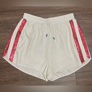 Queen of Sparkles White Full Sequin Short with Red Side Stripes. Size L